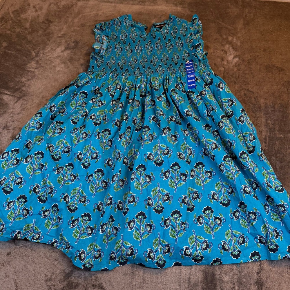 French Connection Smocked Floral Dress‎ Girls Large 14/16 Blue Cotton Ruffle